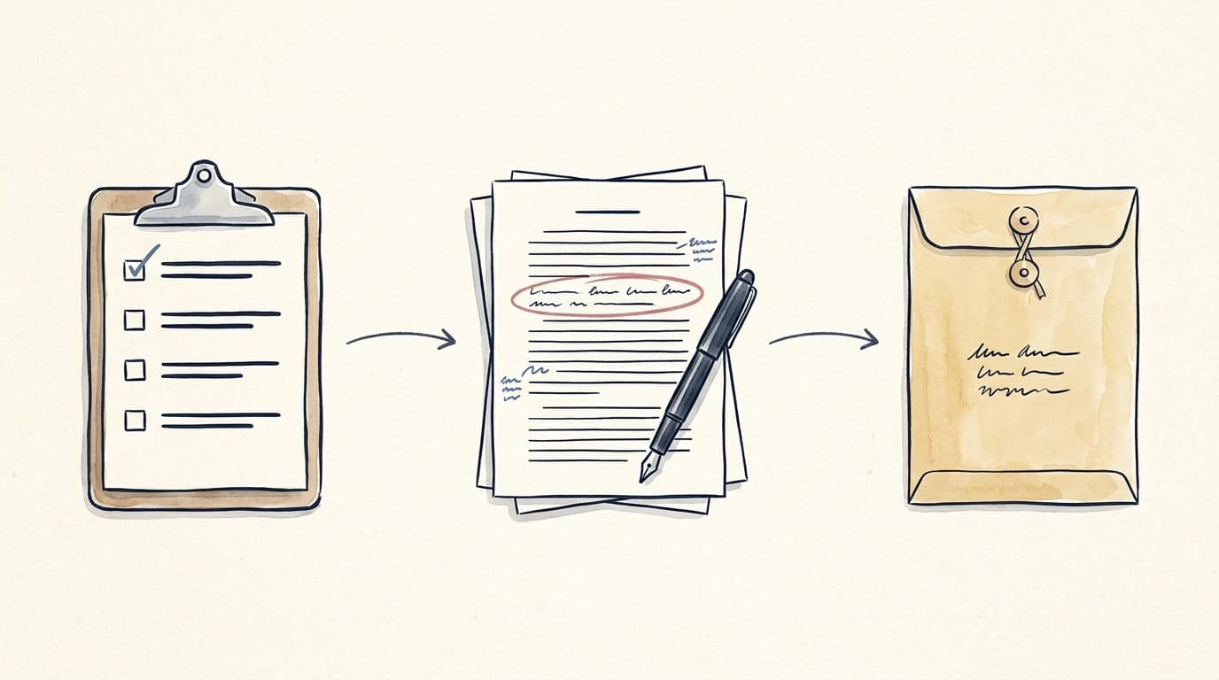 Flow illustration: a clipboard with a ticked topic list, then a stack of manuscript pages with a fountain pen and an editor's red pencil mark, then a manila envelope tied with a paper ribbon.