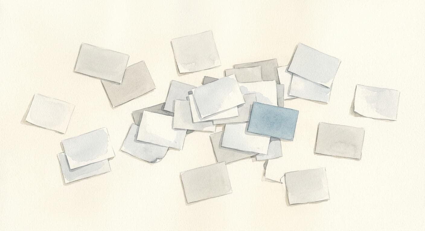 A scattered pile of small blank paper cards overlapping in disarray